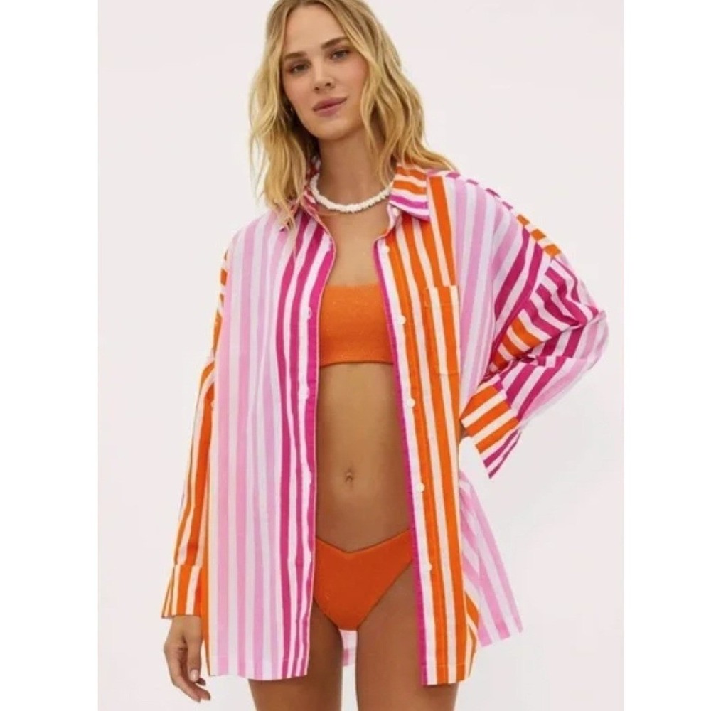 NEW BEACH RIOT Alexa Stripe Long Sleeve Cover Up Shirt L/XL